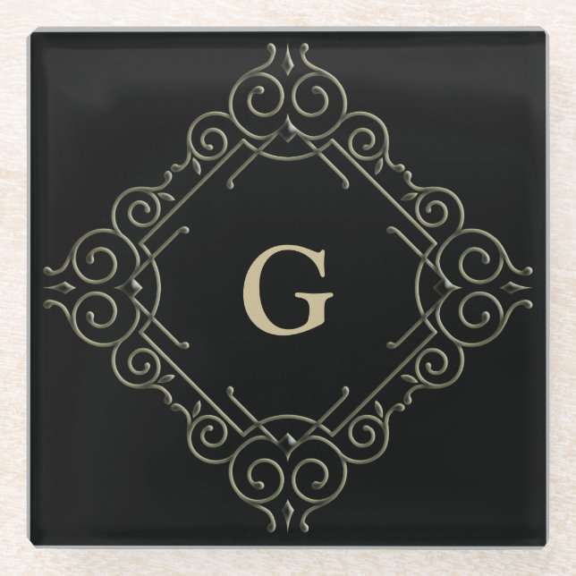 Monogram Fancy Frame Border Glass Coaster (Front)
