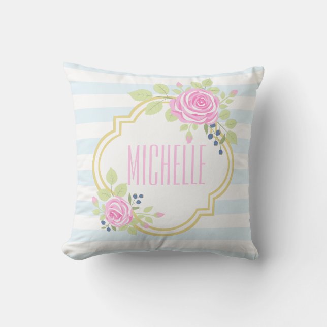 Monogram Fancy Pink Roses Blueberry Throw Pillow (Front)