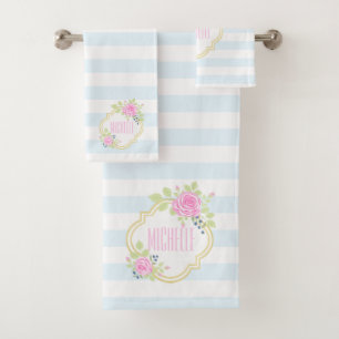 Monogram Fancy Pink Roses Blueberry Towel Set