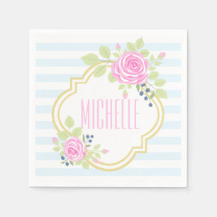 Monogram Fancy Roses Blueberry Paper Napkins