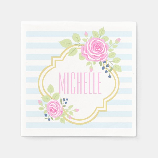 Monogram Fancy Roses Blueberry Paper Napkins (Front)