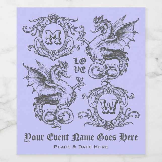 Monogram Fantasy Mediaeval Dragon Ornate Frame Wine Label (Single Label)