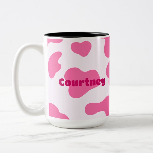Monogram Farm Animal Pink Cow Print Two-Tone Coffee Mug (Left)