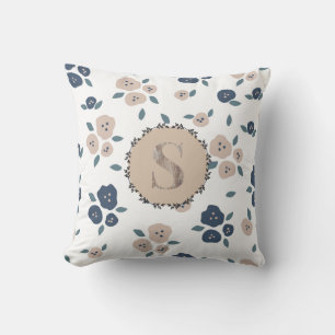 Monogram Farmhouse Floral Blue Tan Country Rustic Cushion