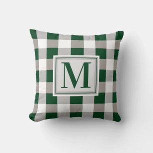 Monogram Farmhouse Green Grey White Chequered Cushion