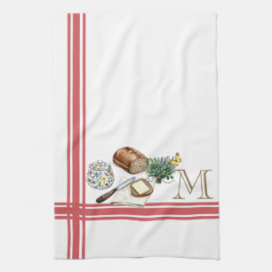 Monogram Farmhouse Kitchen Towel Rhubarb Red Herbs