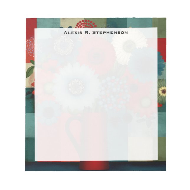 Monogram Farmhouse Patchwork Blue Berry Bouquet Notepad (Front)