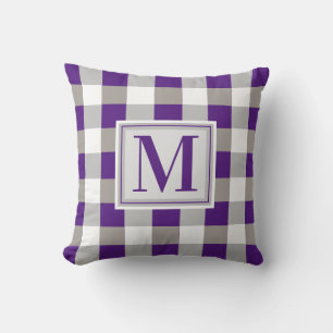 Monogram Farmhouse Purple Grey White Chequered Cushion