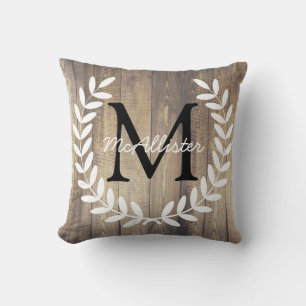 Monogram Farmhouse White Laurels Light Wood Planks Cushion