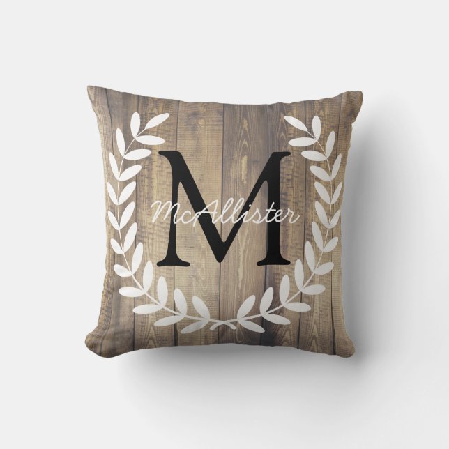 Monogram Farmhouse White Laurels Light Wood Planks Cushion (Front)