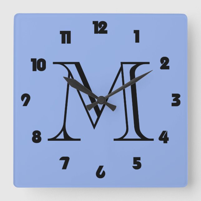 Monogram Fat Black Numbers On Blue wccnt Square Wall Clock (Front)