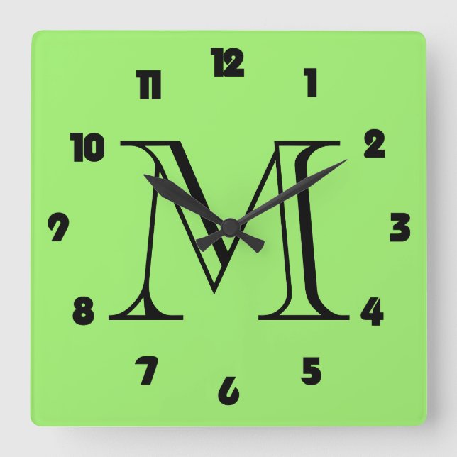 Monogram Fat Black Numbers On Green wccnt Square Wall Clock (Front)