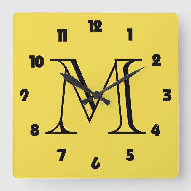 Monogram Fat Black Numbers On Yellow wccnt Square Wall Clock (Front)