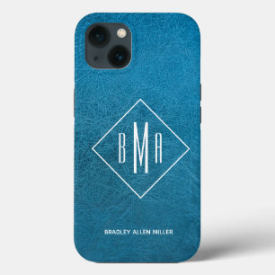 Monogram Faux Blue Leather iPhone 13 Case