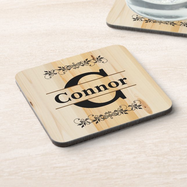 Monogram Faux Butcher Block Natural Wood Look Coaster (Left Side)