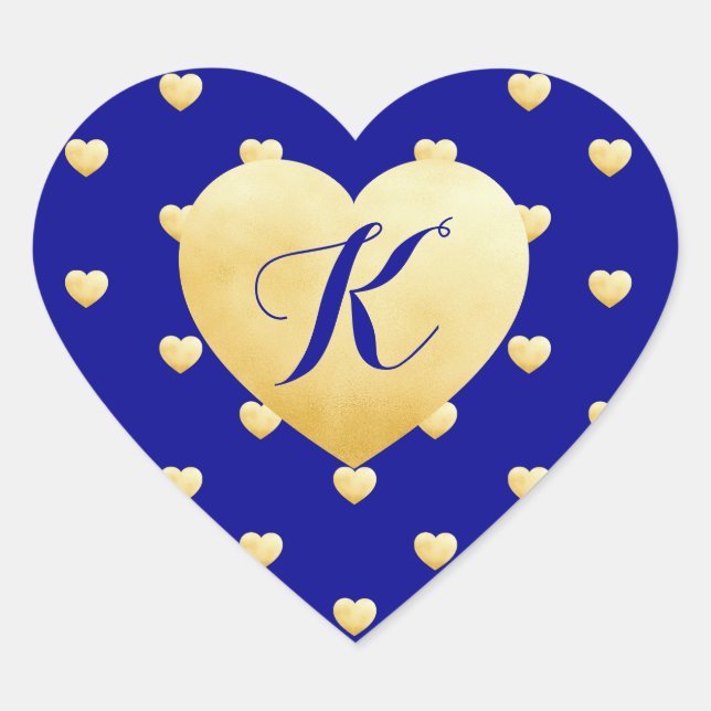 Monogram Faux Foil Gold Hearts Pattern on Blue Heart Sticker (Front)
