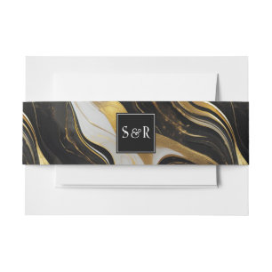 Monogram Faux Gold, Black White Marbled Wedding Invitation Belly Band