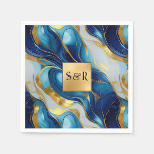 Monogram Faux Gold, Blue and White Marbled Wedding Napkin