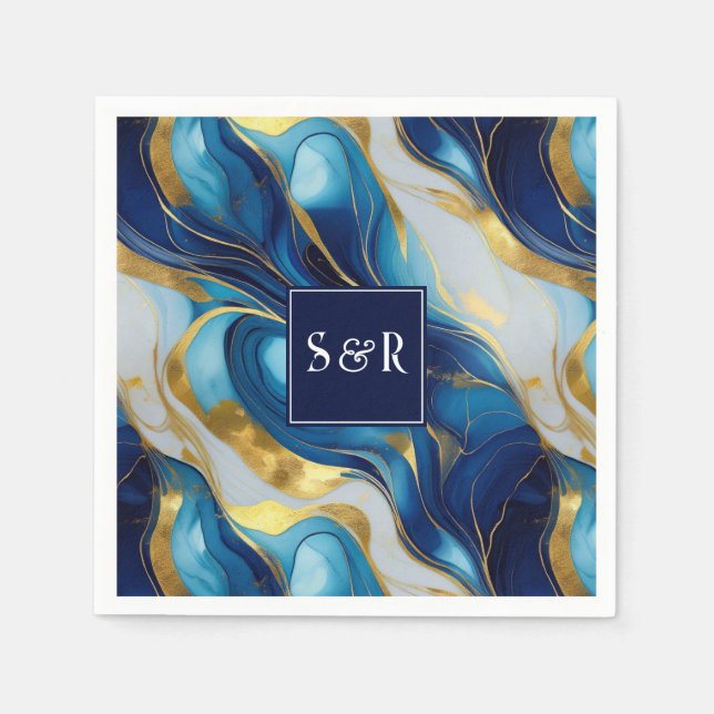 Monogram Faux Gold, Blue and White Marbled Wedding Napkin (Front)
