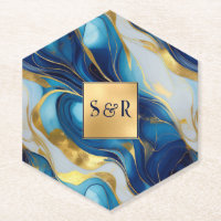 Monogram Faux Gold, Blue and White Marbled Wedding