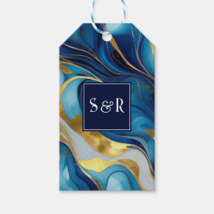 Monogram Faux Gold, Blue & White Marbled Wedding Gift Tags