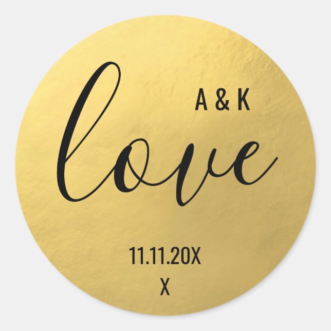 Monogram Faux Gold Foil LOVE Script Black Wedding Classic Round Sticker (Front)