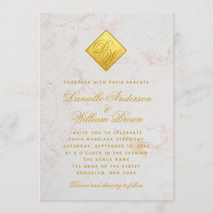 Monogram Faux Gold Foil Marble Script Wedding Invitation