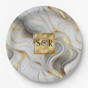 Monogram Faux Gold, Grey & White Marbled Wedding Paper Plate