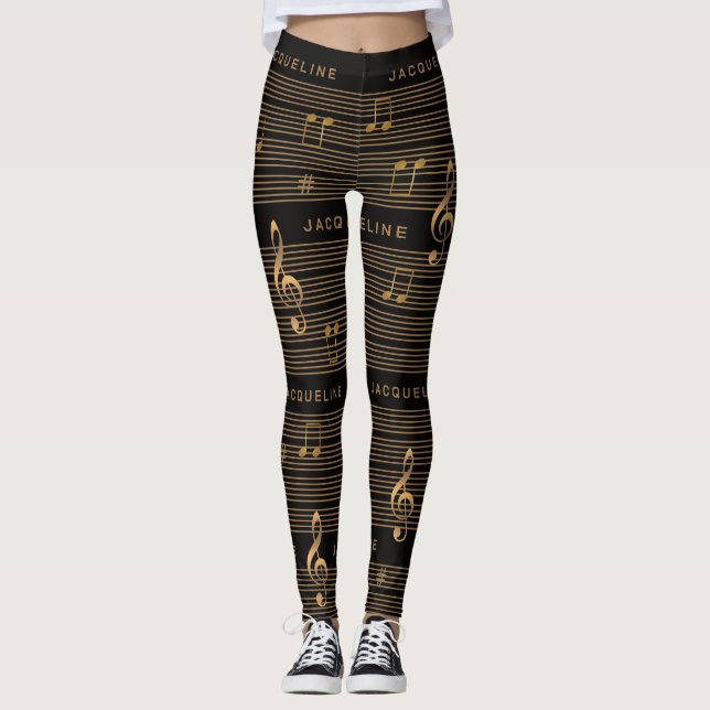 Monogram Faux Gold Notes and Clef on BLACK Leggings (Front)