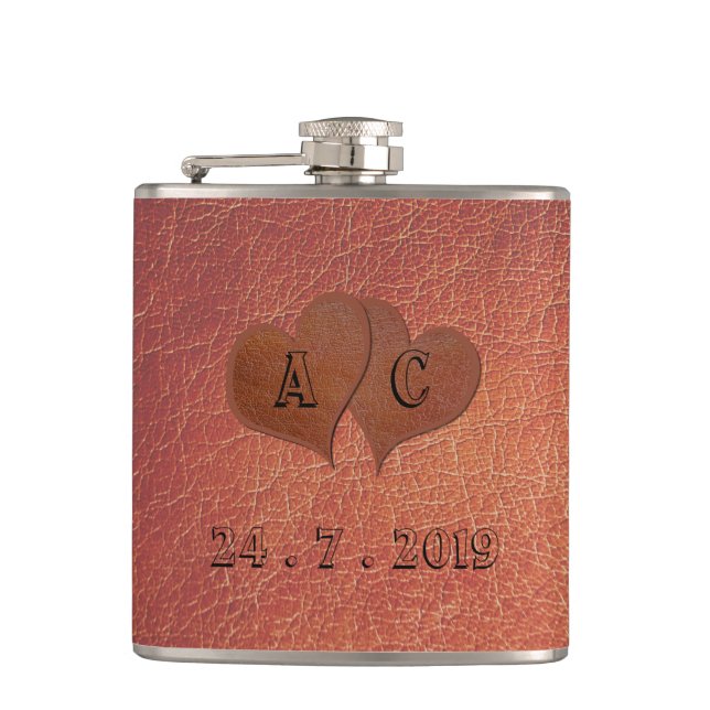 Monogram Faux Leather 3rd Anniversary Gift Hip Flask (Front)