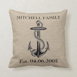 Monogram faux linen burlap rustic anchor beach cushion
