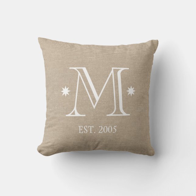 Monogram faux linen burlap rustic chic initial dat cushion (Front)