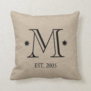 Monogram faux linen burlap rustic chic initial dat cushion
