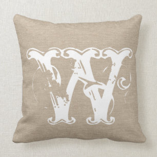 Monogram faux linen burlap rustic chic initial jut cushion