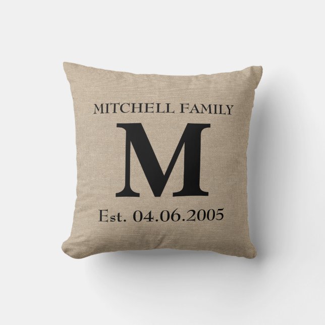 Monogram faux linen burlap rustic chic initial jut cushion (Front)