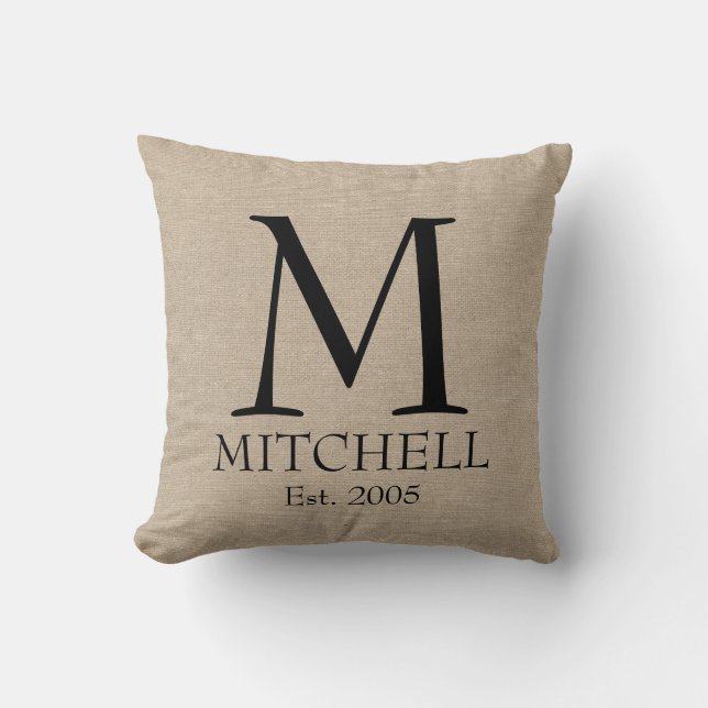 Monogram faux linen burlap rustic chic initial jut cushion (Front)