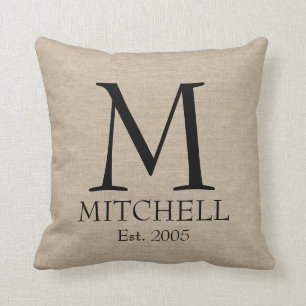 Monogram faux linen burlap rustic chic initial jut cushion