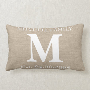 Monogram faux linen burlap rustic chic initial jut lumbar cushion