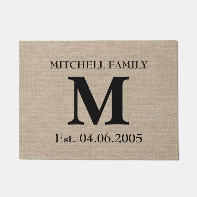 Monogram faux linen burlap rustic initial wedding doormat (Front)