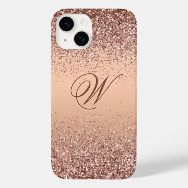Monogram Faux Rose Gold Glitter iPhone 14 Case (Back)