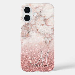 Monogram Faux Rose Gold Glitter White Marble Ombre iPhone 16 Case