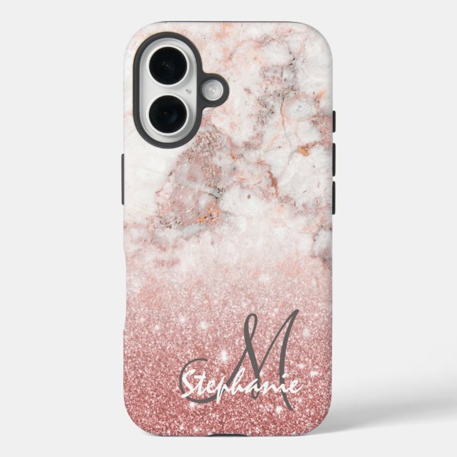 Monogram Faux Rose Gold Glitter White Marble Ombre Case-Mate iPhone Case (Back)