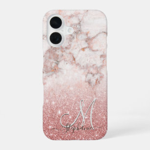Monogram Faux Rose Gold Glitter White Marble Ombre iPhone 16 Case