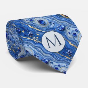 Monogram Faux Silk Neck Tie Blue + Gold Marble