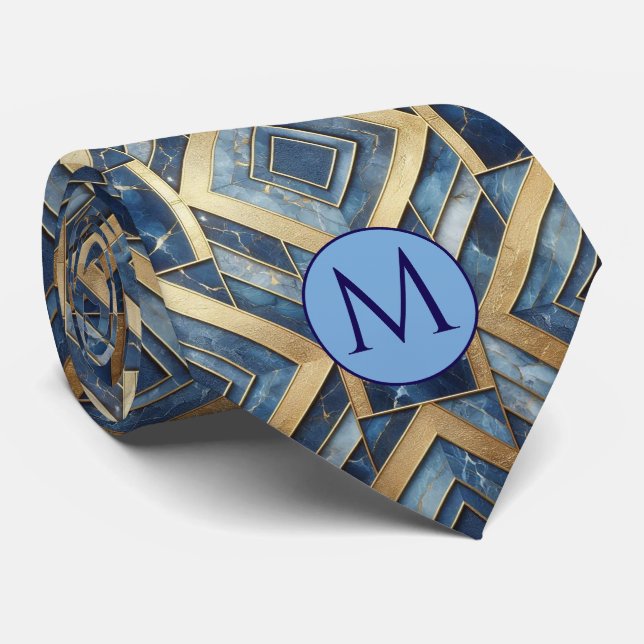 Monogram Faux Silk Neck Tie | Blue + Gold Marble (Rolled)