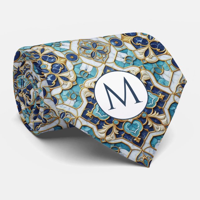 Monogram Faux Silk Neck Tie | Blue + Gold Marble (Rolled)