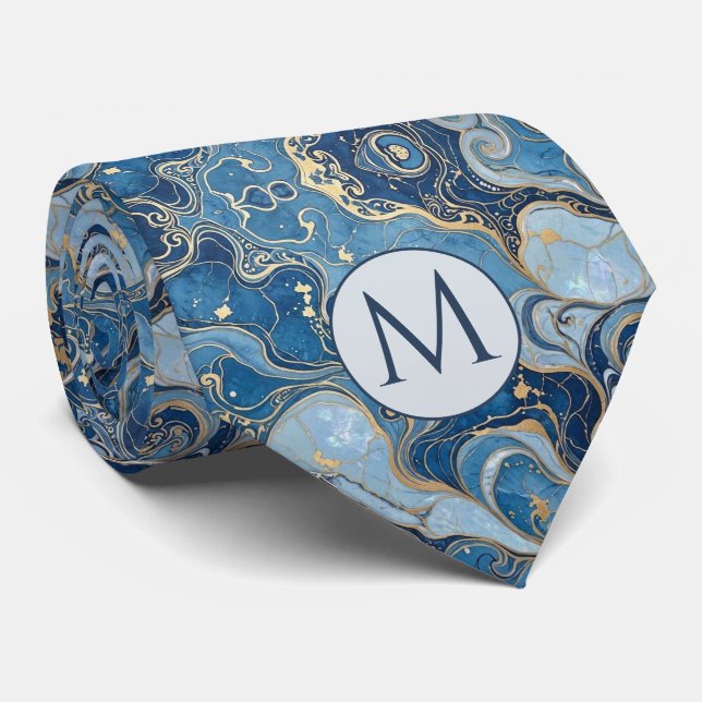 Monogram Faux Silk Neck Tie | Blue + Gold Marble (Rolled)
