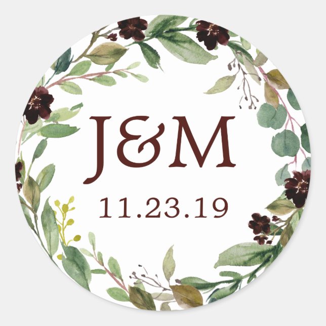 Monogram Favour Stickers Greenery Burgundy (Front)