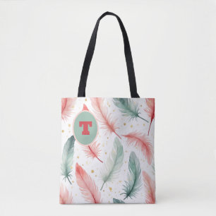 Monogram Feather Design in Red, Green & Gold  Tote Bag