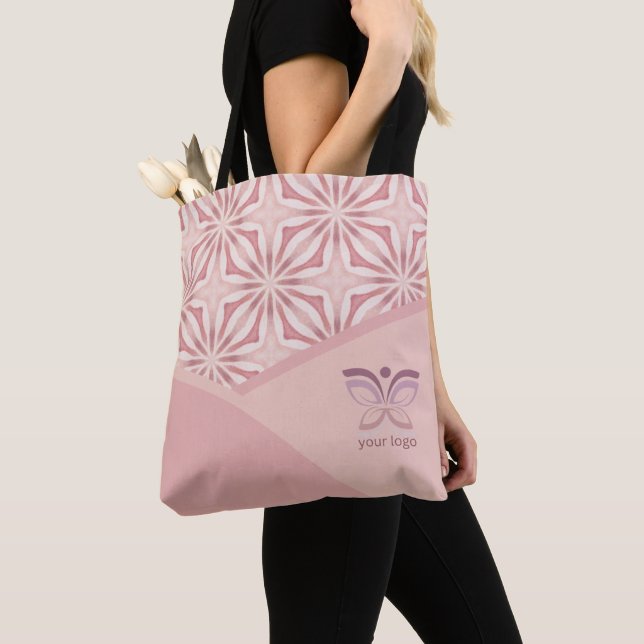 Monogram Feminine Pretty Pink Geometric Pattern Tote Bag (Close Up)